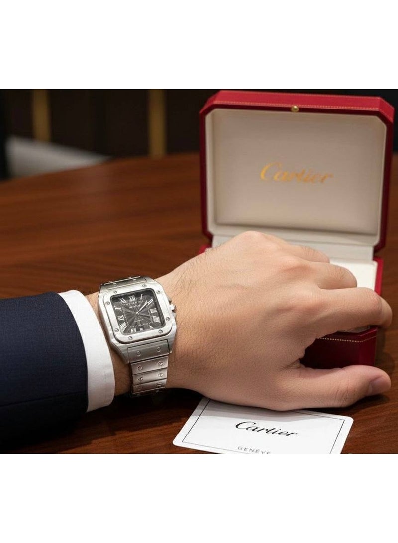 كارتييه ساعة كارتييه سانتوس رجالي – سوار ستانلس ستيل فضي وميناء أسود - Image 3